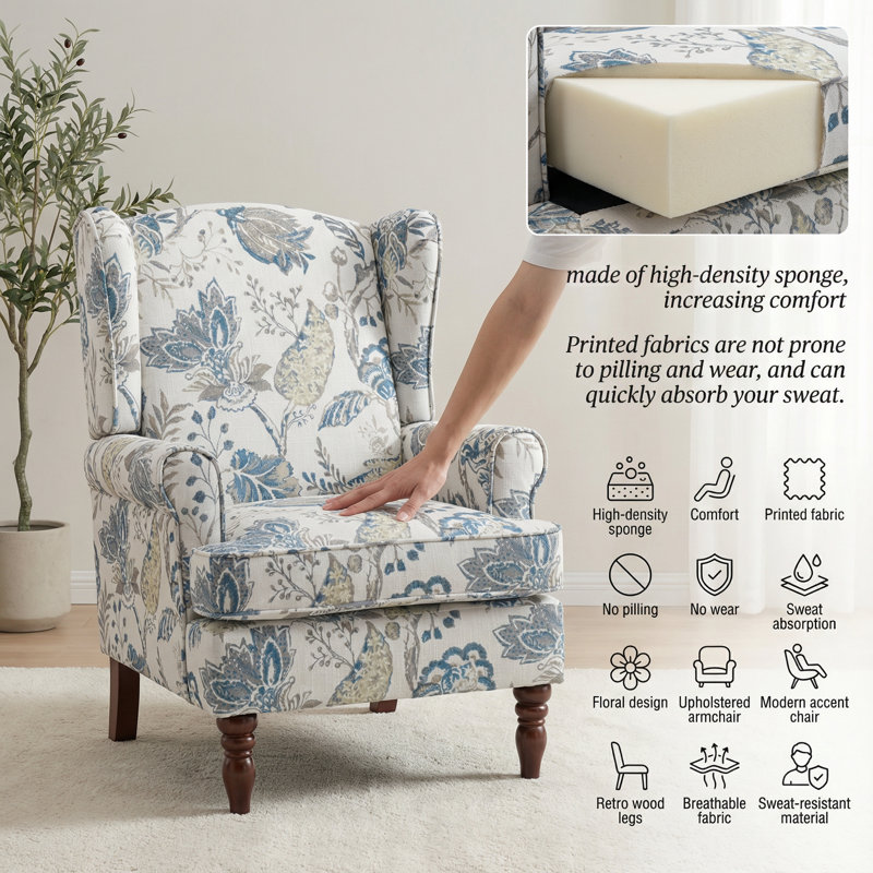 Fauteuil d'appoint moderne avec siège rembourré et pieds en bois rétro, motif floral pour le salon, la chambre à coucher ou le bureau