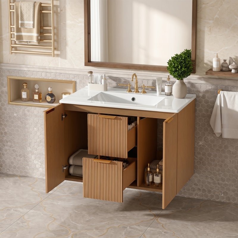 Meuble-lavabo mural simple 36 po avec comptoir en céramique, armoire en MDF, portes à fermeture en douceur et tiroirs divisés 36 po