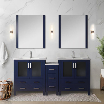 72 In. Navy Blue Double Bath Vanity Featuring Side Cabinets, Included Faucet, White Ceramic Top, 28 Mirrors, And A Surface Engineered To Scratches Stains W With Faucet ,