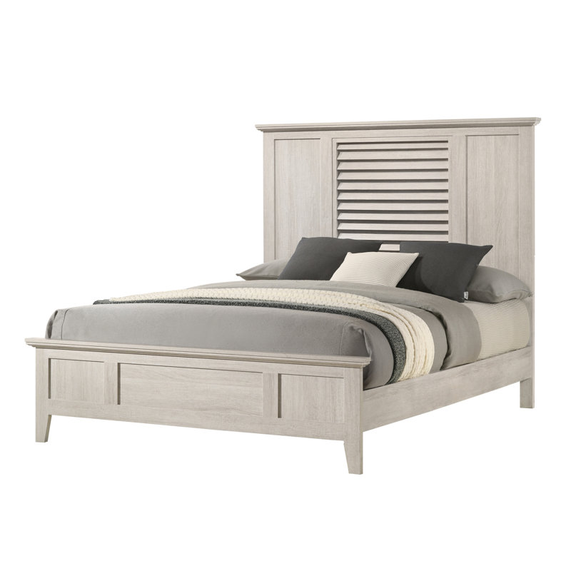 Grand lit à panneau contemporain, tête de lit à persiennes en bois, couleur beige, 1 pièce, sommier tapissier avec finition et tête de lit à assemblage simple requis,