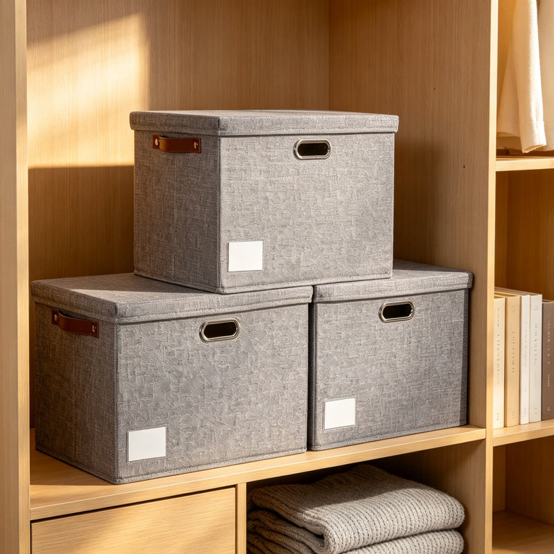 Grands bacs de rangement pliables de 17 pouces avec couvercles, lot de 3 organisateurs de garde-robe empilables en tissu avec poignées en polyuréthane et étiquettes amovibles, boîtes de rangement décoratives pour la maison, la chambre à coucher, le bureau, la chambre de bébé