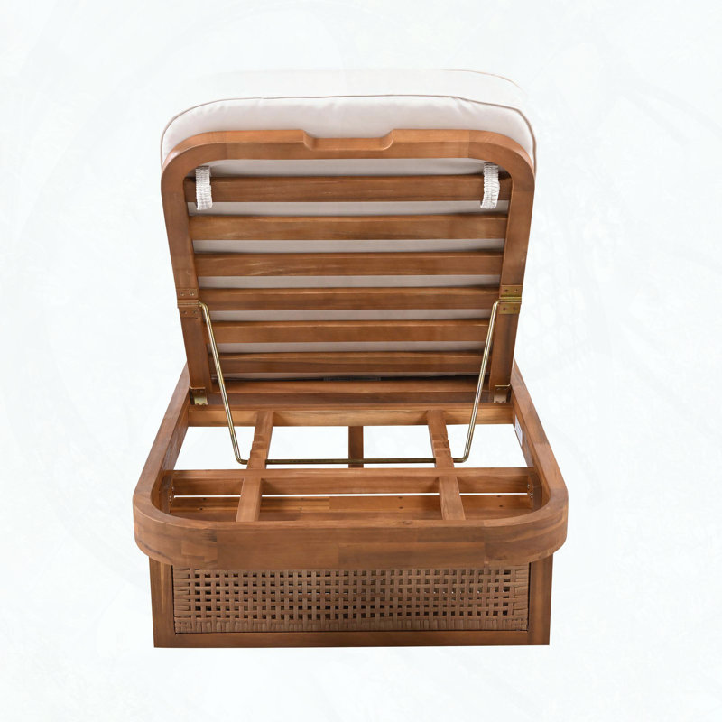 Chaise longue en bois d'acacia et en rotin PE - Dossier inclinable réglable avec coussin blanc