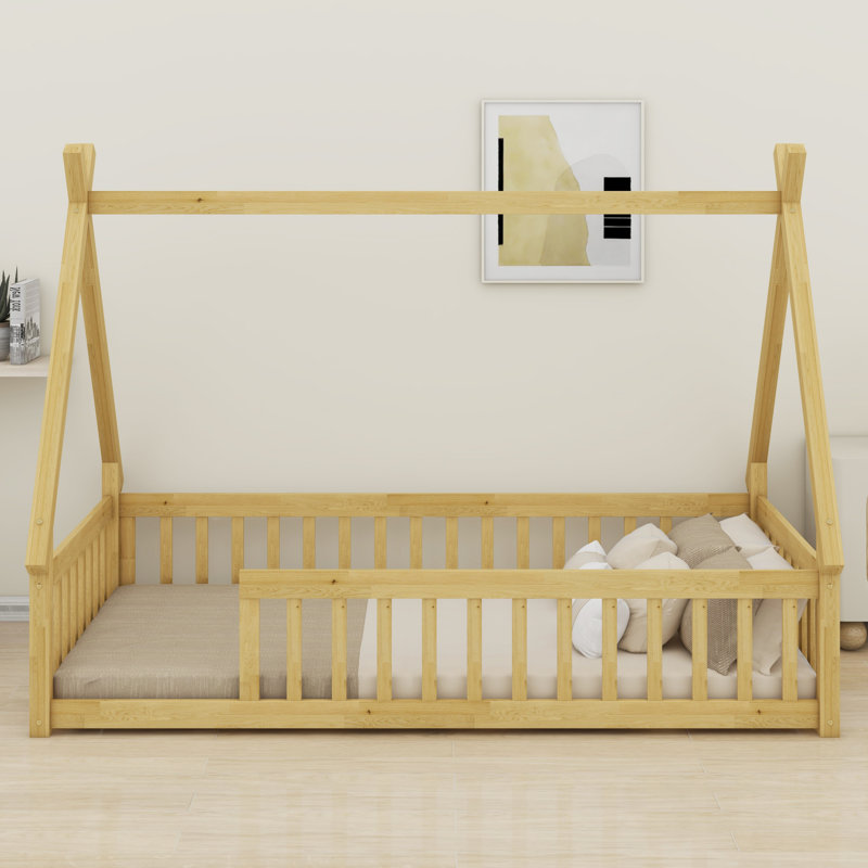 Tent-Shaped Teepee Bed With Safety Rails, Natural