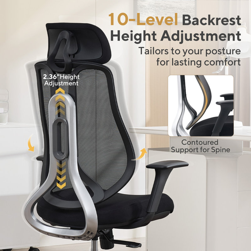 Strato Ergonomic High Back Office Chair, Breathable Mesh Desk Chair with Adjustable Back Height and 3D Armrests, Black Executive Task Chair for Home Office