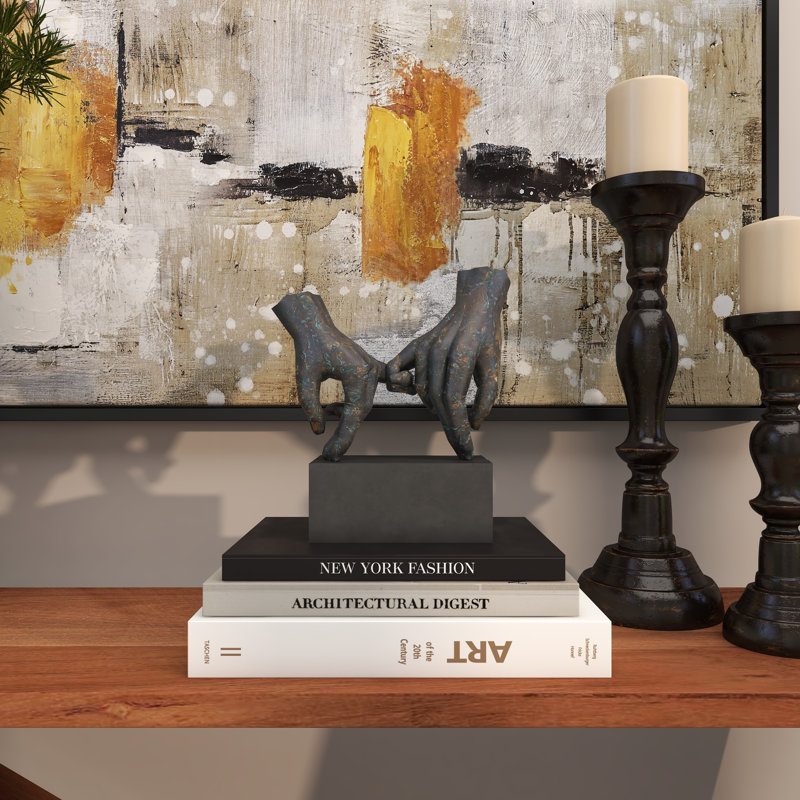 Polystone Weathered Patina Linked Hands Decorative Sculpture with Block Base and Gold Accents