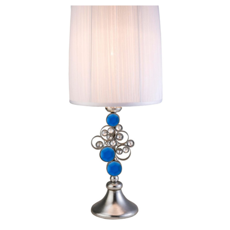 Lampe de table 28 po en polyrésine argentée moderne avec base en verre craquelé et abat-jour en tissu blanc - «Just Dazzle» - Éclairage à 3 voies pour le salon et la chambre à coucher
