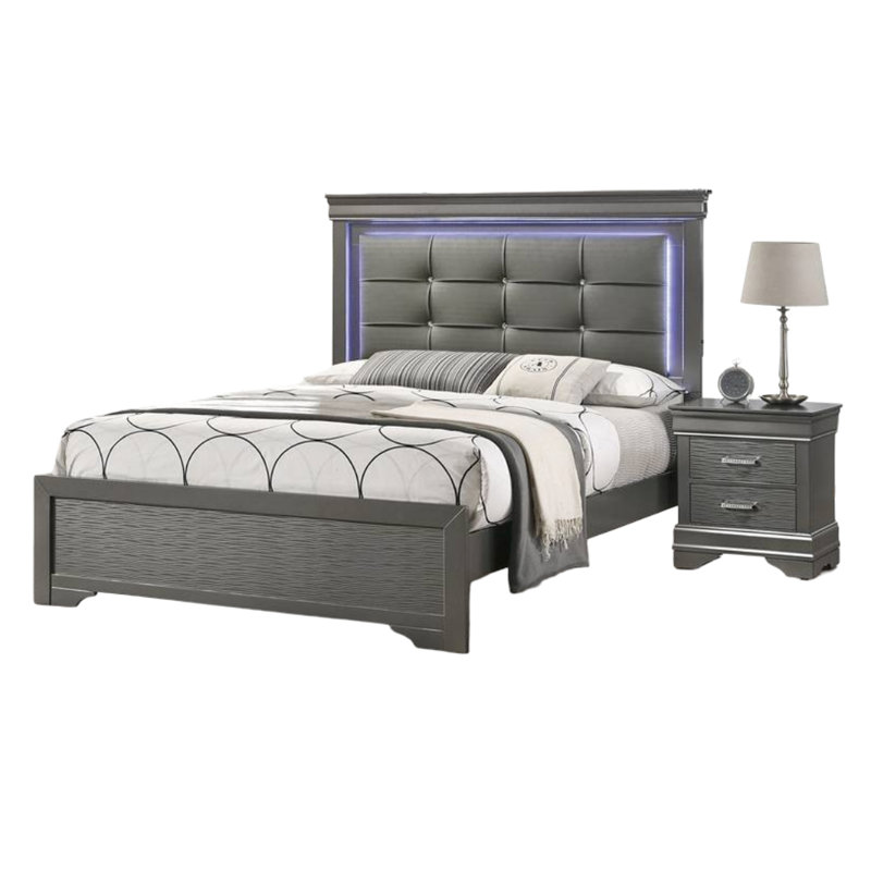 Queen Size Bed With Gray Faux Leather, Square Button Tufting And Led Lights, Modern Bedroom Arrangement Enhancement Headboard, Lights Space Improvement