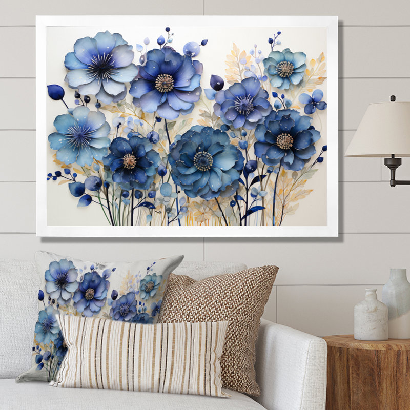 Blue Charm Blueflowers Pointillism I - Art mural encadré bleuets, Cadre simple blanc, H 16 po x l 32 po x P 1 po