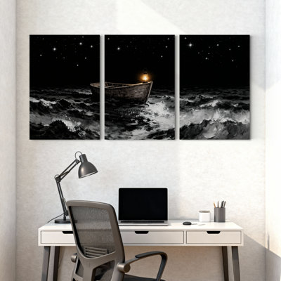 Nautique nuit mer bateau lanterne étoiles vagues réflexion ensemble de 3 impressions sur toile
