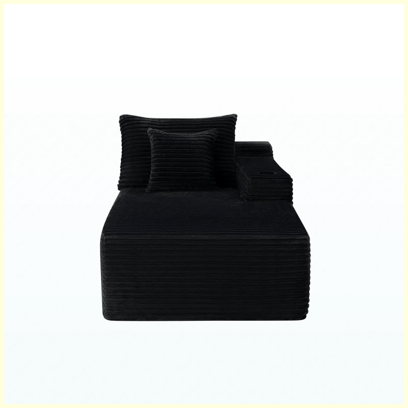 Chaise longue longue 37,5 po avec revêtement en velours noir moelleux, porte-gobelet intégré, assortiment modulaire flexible pour le salon