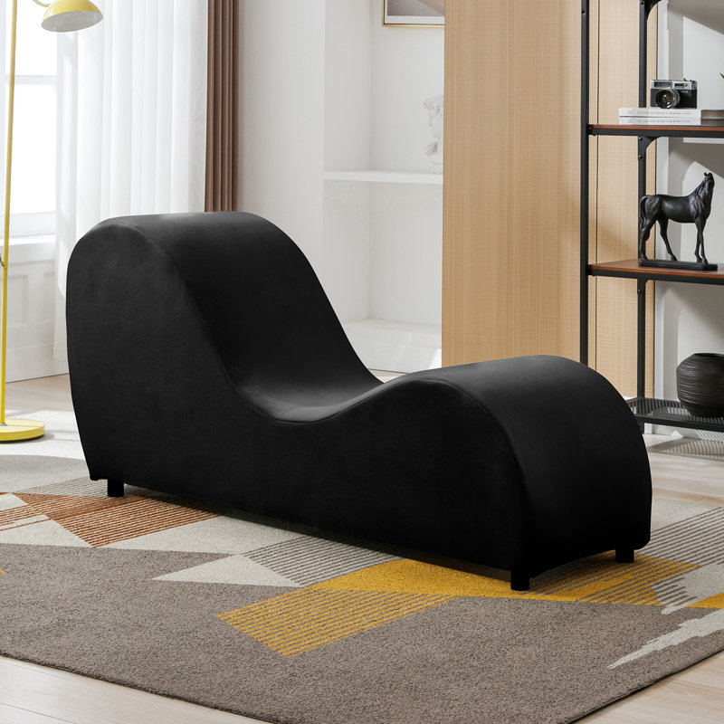 Curved Velvet Yoga Chaise Lounge with Removable Washable Cover, Black, Black Velvet
