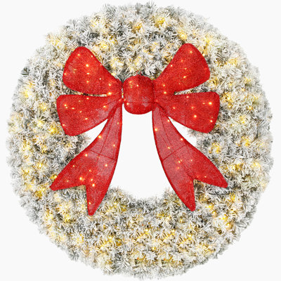 Couronne de Noël floquée et préilluminée de 122 cm (48 po), avec nœud rouge 3D, 11 modes d'éclairage, pour porte d'entrée.