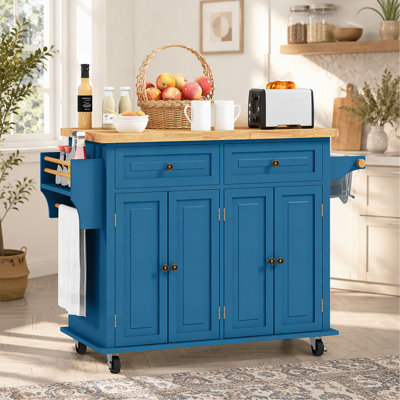 Îlot de cuisine mobile HOMCOM avec plateau en bois massif, 112 cm (44 po) sur roulettes, avec rangement, 2 tiroirs, étagères réglables, porte-épices et barre à serviettes pour salle à manger, turquoise