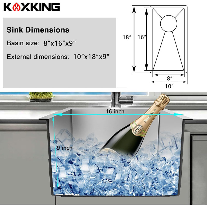 Évier de cuisine en acier inoxydable à cuve simple encastrable T304 de calibre 18 de L 10 po x l 18 po