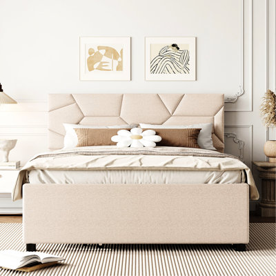 Lit plateforme tapissier avec tête de lit à motif brique et lit gigogne simple, lin beige pour lit gigogne mobile texturé