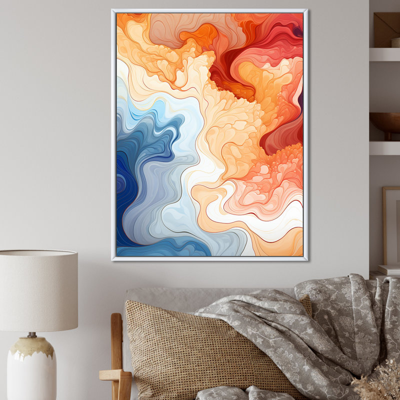 Vagues d'aquarelle bleues, orange et rouges, H 40 po x l 30 po, Cadre photo blanc