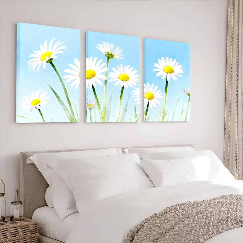 Tableau aquarelle de marguerites sur toile tendue (lot de 3), H 18 po x l 36 po