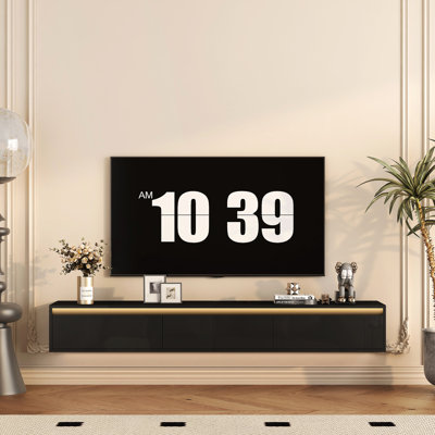 Meuble télé mural avec grande capacité et bloc d'alimentation, meuble noir ultrabrillant pour téléviseurs de 60 à 69 po, tablette fonctionnelle