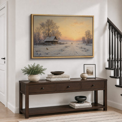 «Winter Sunset Cabin Landscape», art de chambre à coucher, reproduction d'art sur toile encadrée
