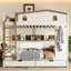 Grand lit superposé avec rangement, couleur beige et naturelle, bois massif, tablettes, crochets et sommier sans matelas requis pour le placement de matelas-876293385