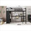 Structure de lit double, mezzanine multifonctionnelle pour petite chambre à coucher, métal noir profond avec bureau intégré, garde-robe et tablettes de rangement