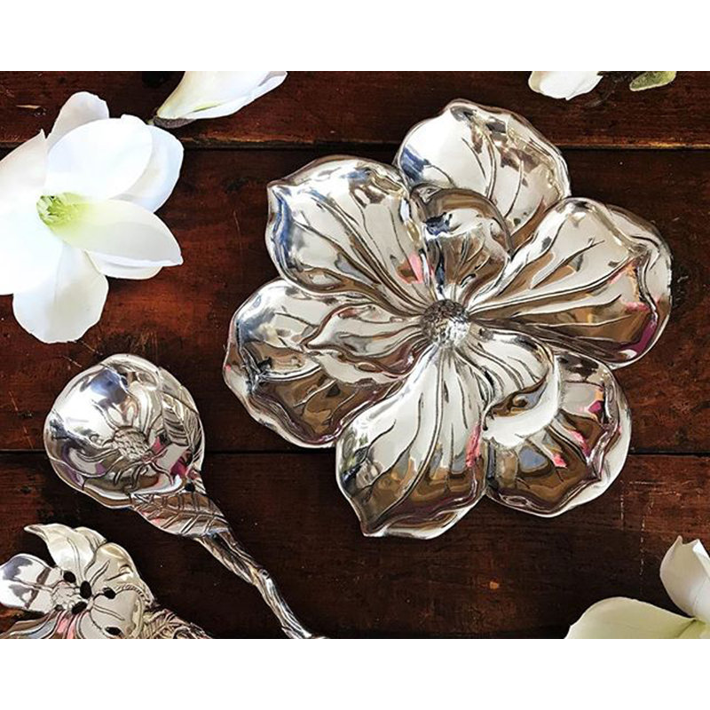 Magnolia Blossom Shaped Polished Aluminum Serving Tray