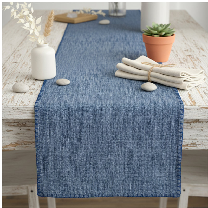 Cotton Table Runner With Decorative Stitched Edges, Dresser Scarf, Furniture Top Cover, 72" L, Blue
