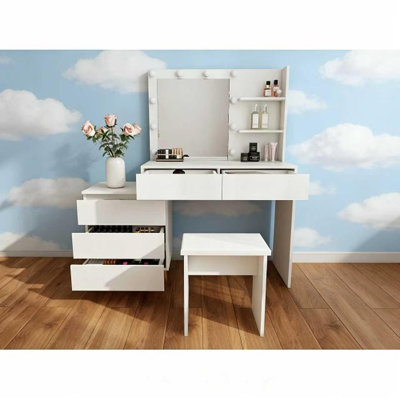 Ensemble de coiffeuse de maquillage avec éclairage à DEL blanc avec miroir Hollywood, tiroirs de rangement, tabouret rembourré et range-brosse