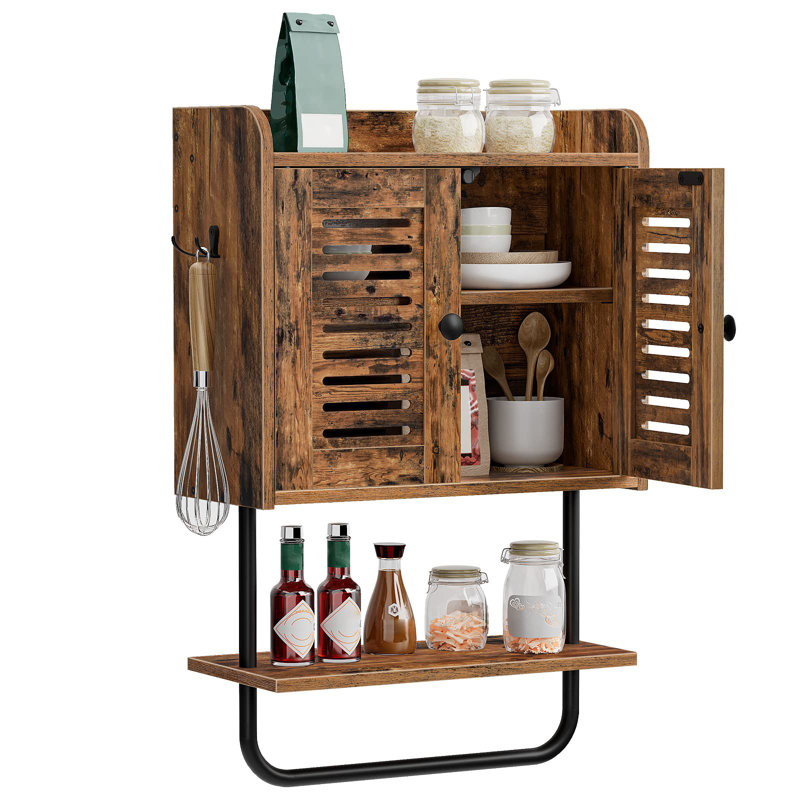 Pharmacie, armoire murale de salle de bain double avec barre à serviettes, tablette réglable, 2 crochets, armoire de rangement au-dessus de la toilette, pour chambre à coucher, cuisine, brun rustique