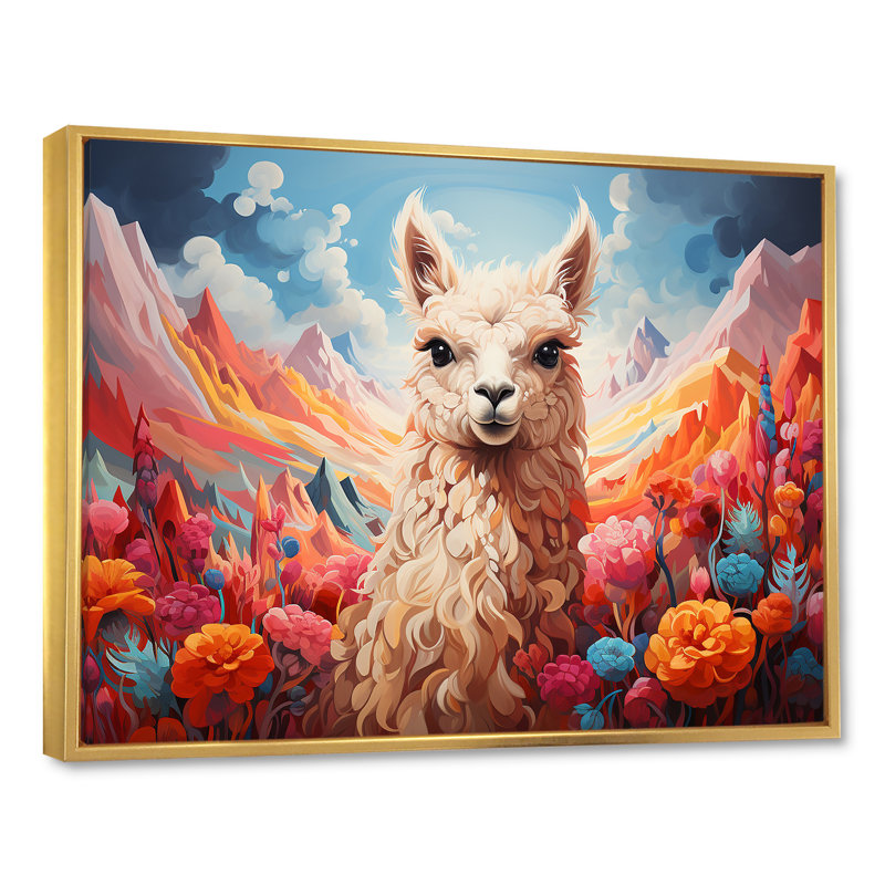 Enchanting Alpaca Valley - Alpaca, art mural, Cadre flottant doré, H 34 po x l 44 po x P 1,5 po