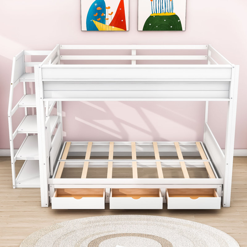 Lit superposé convertible pour lit double superposé à 3 tiroirs avec escalier de rangement Dalvey Kids, Blanc