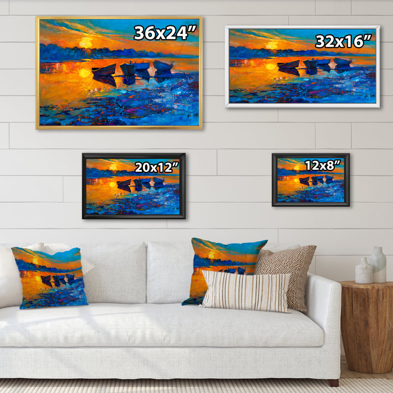 Bateaux en mer II - reproduction sur toile, H 16 po x l 32 po x P 1 po, Toile avec cadre flottant noir
