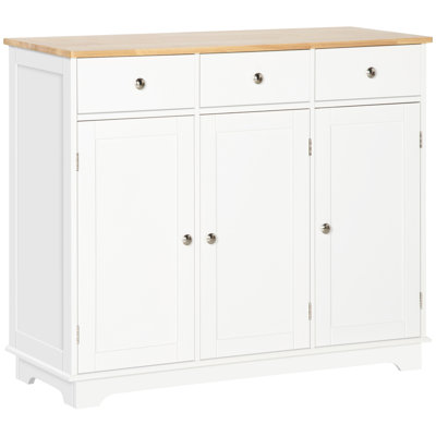 White Kitchen Sideboard - Solid Wood Countertop, 3 Drawers, Doors, Adjustable Shelf For Efficient Use Modern Cabinet With