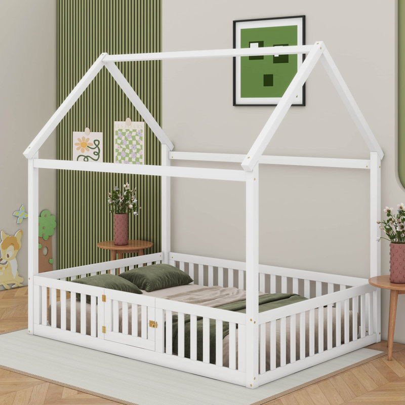 Lit en bois avec clôture et porte, Lit double, Blanc