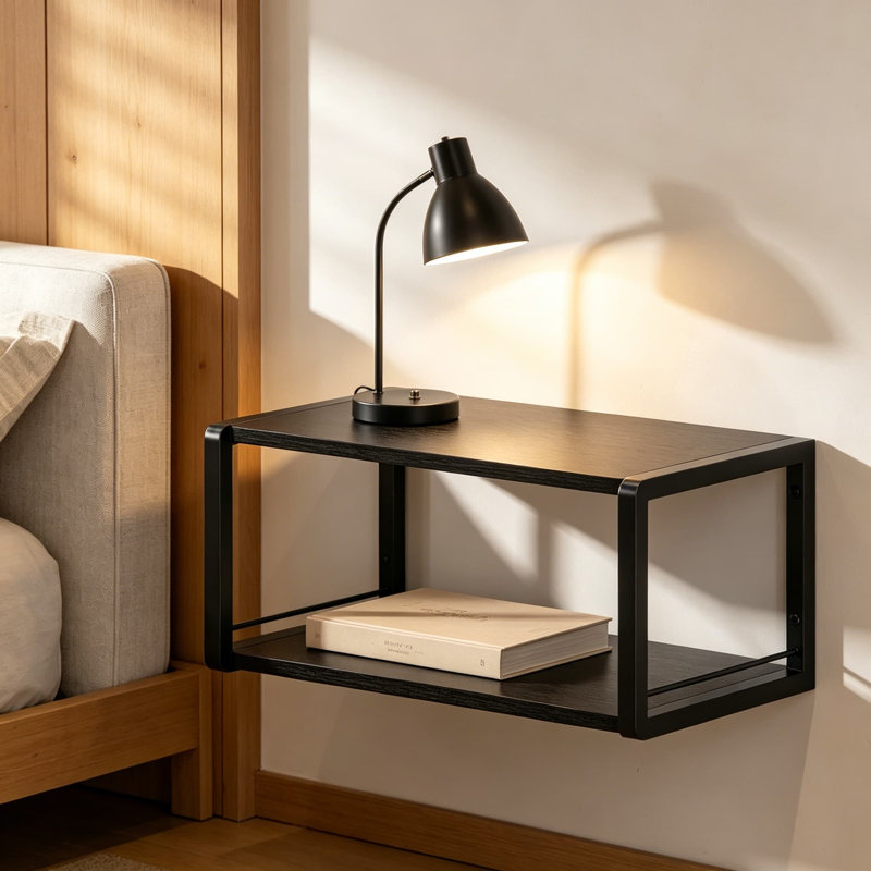 Table de chevet flottante murale, tablette de chevet en bois avec structure en métal robuste, table d'appoint peu encombrante pour la chambre à coucher, la salle de bain, la cuisine, noir rétro