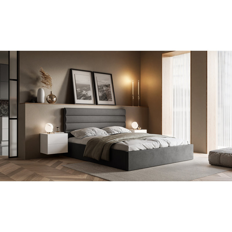 Samwell Upholstered Ottoman Storage Bed, European Double (140 x 200cm), Grey/Brown/Blue