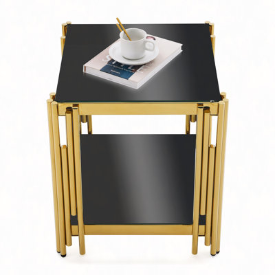 Woker Furniture 20" Wide Square End Table With Black Glass Top, Golden Stainless Steel Tempered Glass End Table For Living Room & Bed Room