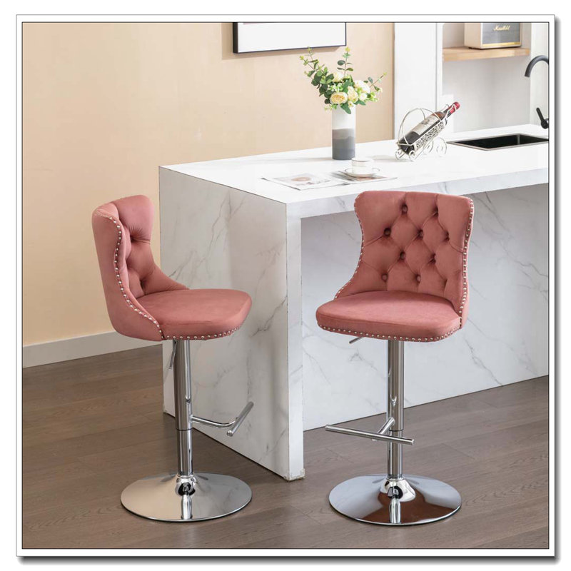 Tabourets de bar pivotants en velours à hauteur de siège réglable de 25 à 33 pouces, Rose