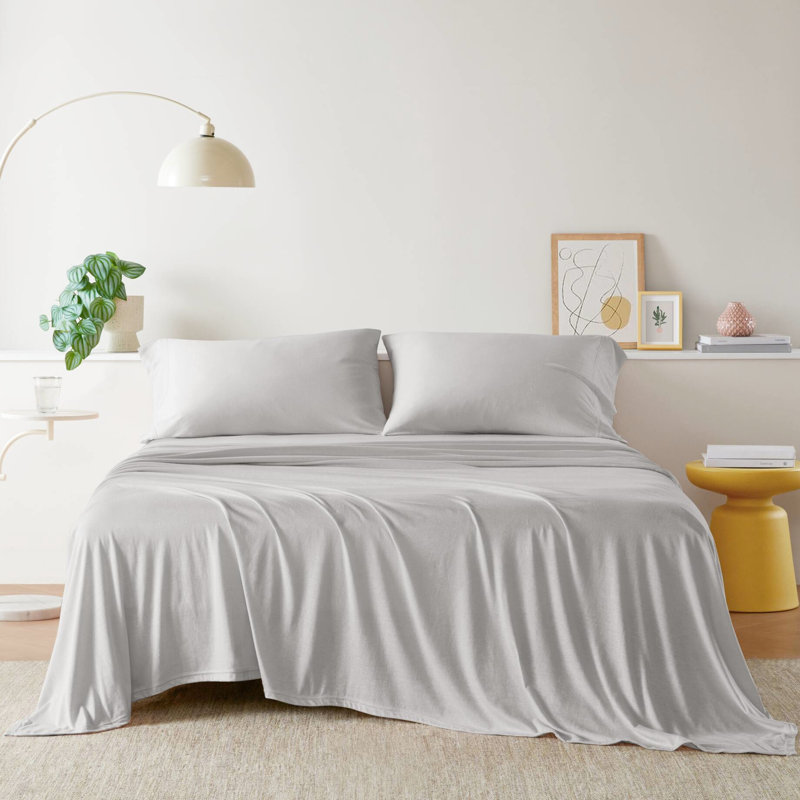 Draps pour lit très grand 50% coton, Ensemble de draps pour très grand lit avec 2 taie, Gris