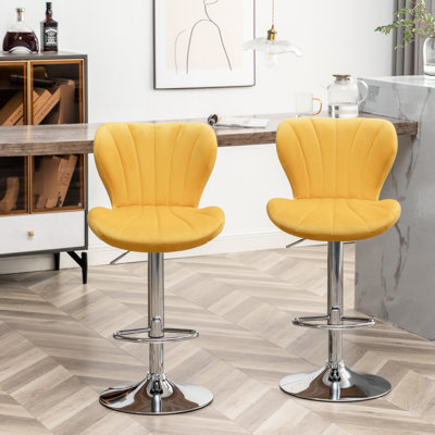2 Yellow Upholstered Swivel Stools - Soft Velvet Upholstery, Thick Foam Padding, 360 Degree Rotation, Adjustable Height With Gas Lift, Cozy Footrest, Modern Elegant Design Of Velvet, And Feature,