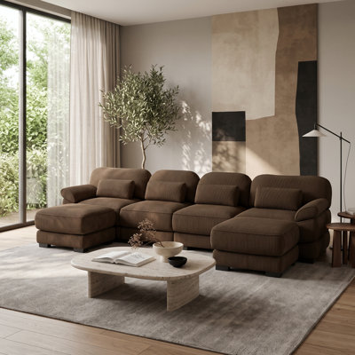 Canapé d'angle modulaire 4 places en velours côtelé marron en forme de U avec 2 poufs amovibles et assises profondes