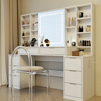Makeup Vanity Desk With Mirror And 3 - Color Led Lighting, 59" Dressing Table 8 Drawers, Brightness Adjustable, For Women , Modern Style, White Finish, Open Storage Detachable Adjustable Lights,