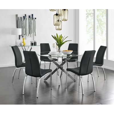 Tierra Sleek Metal and Glass Round Dining Table Set with 6 Faux Leather Upholstered Dining Chairs