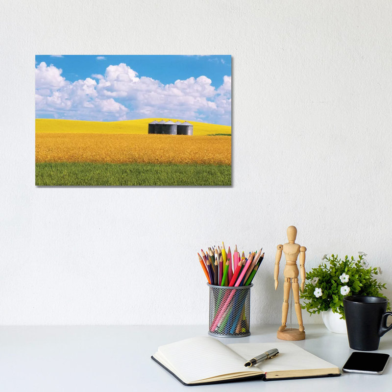 Canada, Manitoba, Bruxelles. Grain Bins Amid Wheat and Canola Crops 1 Piece Wrapped Canvas Wall Art