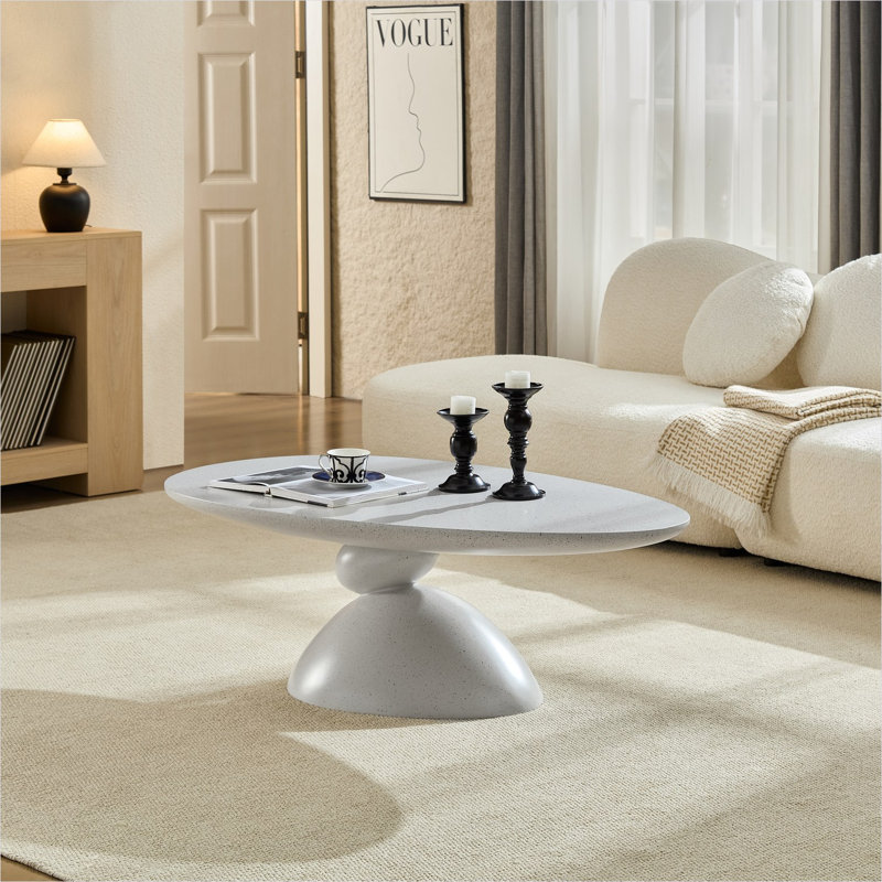 Table basse ovale avec base sculpturale Lucky Stone en fibre de verre gris, table centrale minimaliste moderne de 47,24 pouces