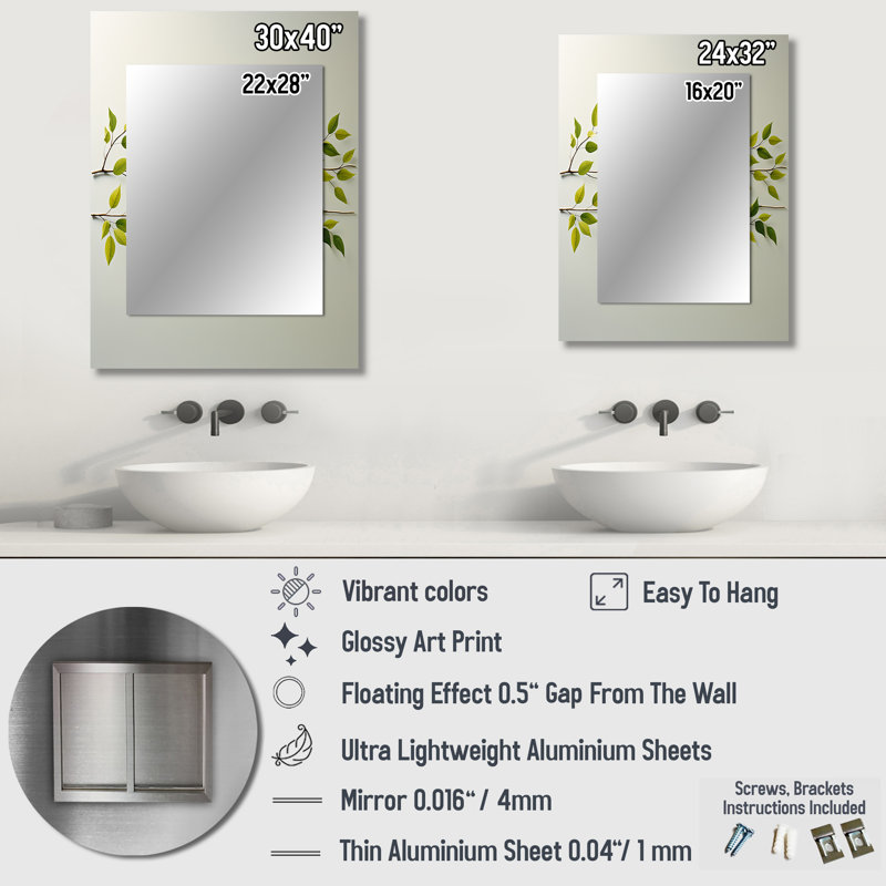 Green Ferm Simple Collage - Leaves Large Mirror, Traditional Unique Wall Mirror Decor, Printed Metal Art, 40" x 30"