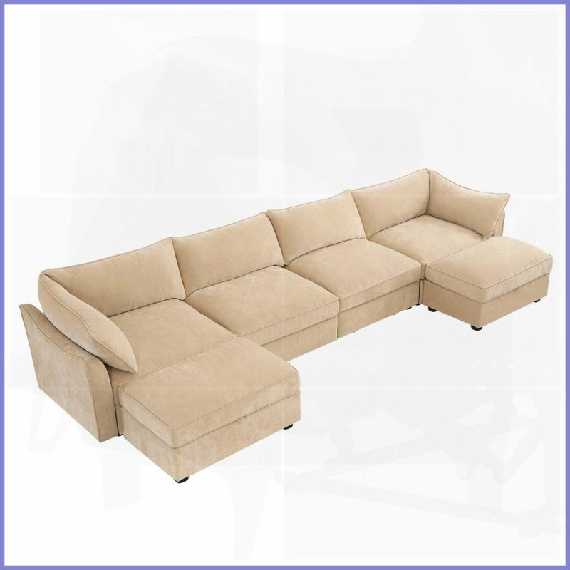 Canapé moderne en U en chenille à 4 places avec 2 repose-pieds Rangement sous le siège - Blé