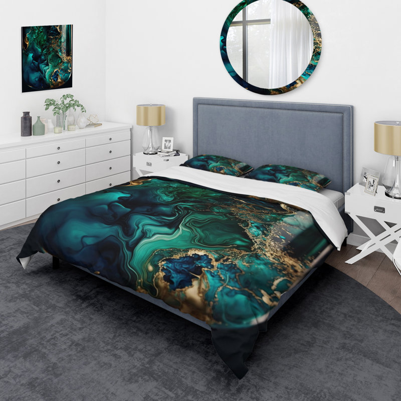 Ensemble de housse de couette abstrait en marbre vert et bleu Abstract Geode II - microfibre de polyester