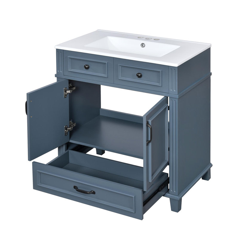 Freestanding Bathroom Vanity with Ceramic Sink, Bleu / Noir, 30"