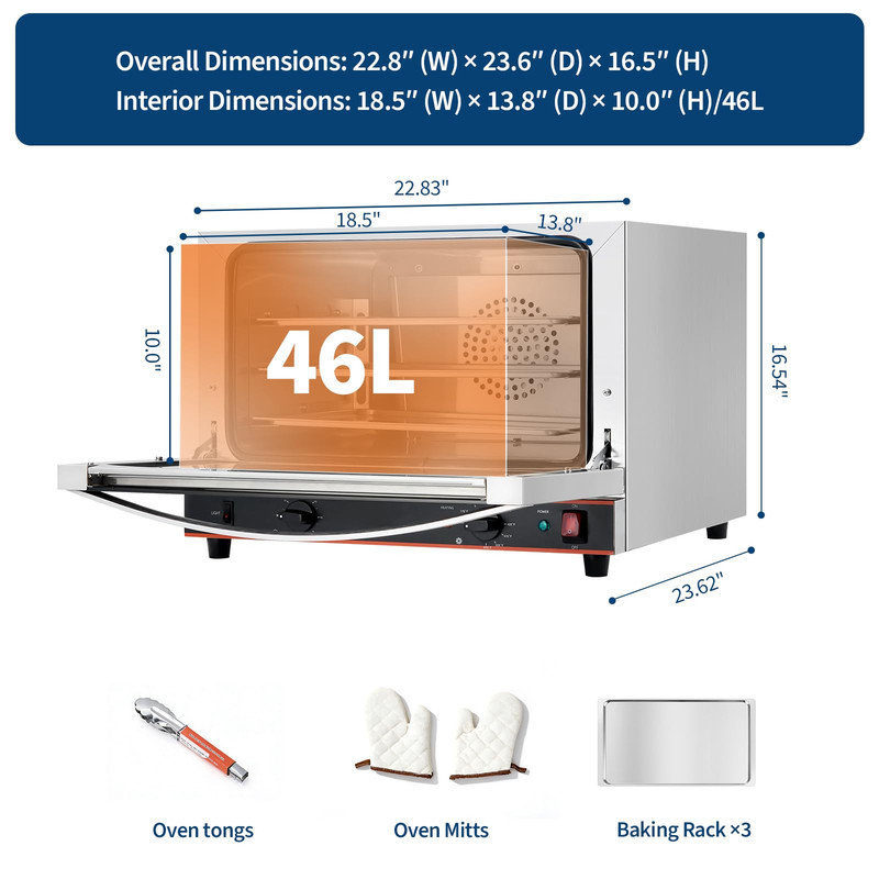 Half-Size Convection Toaster Oven – 22L, 3-Tier, Air Fry, 1440W, 30°C–300°C, Stainless Steel
